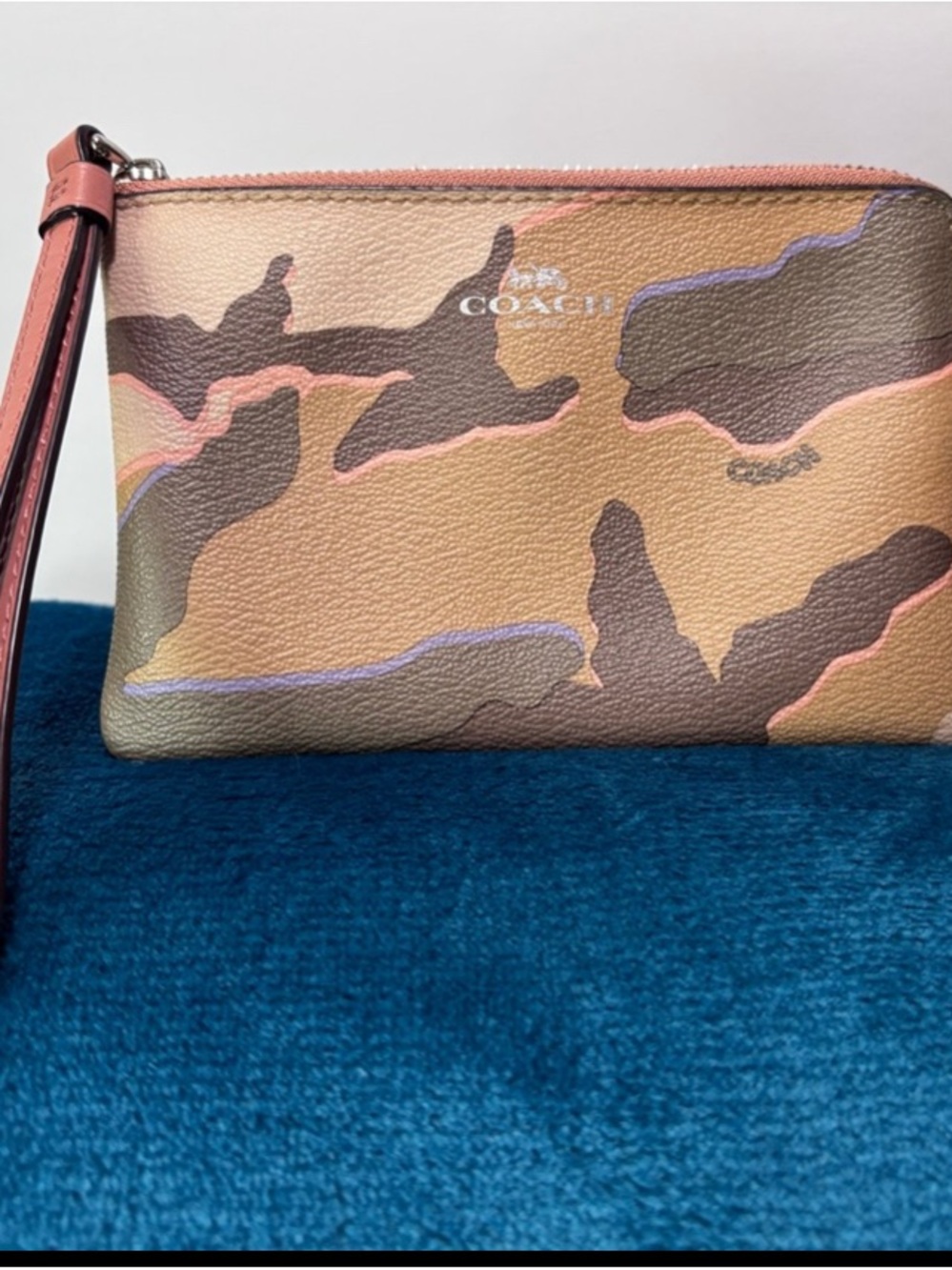 Coach Tan & Brown Camo Wristlet with Pink & Lavender Accents